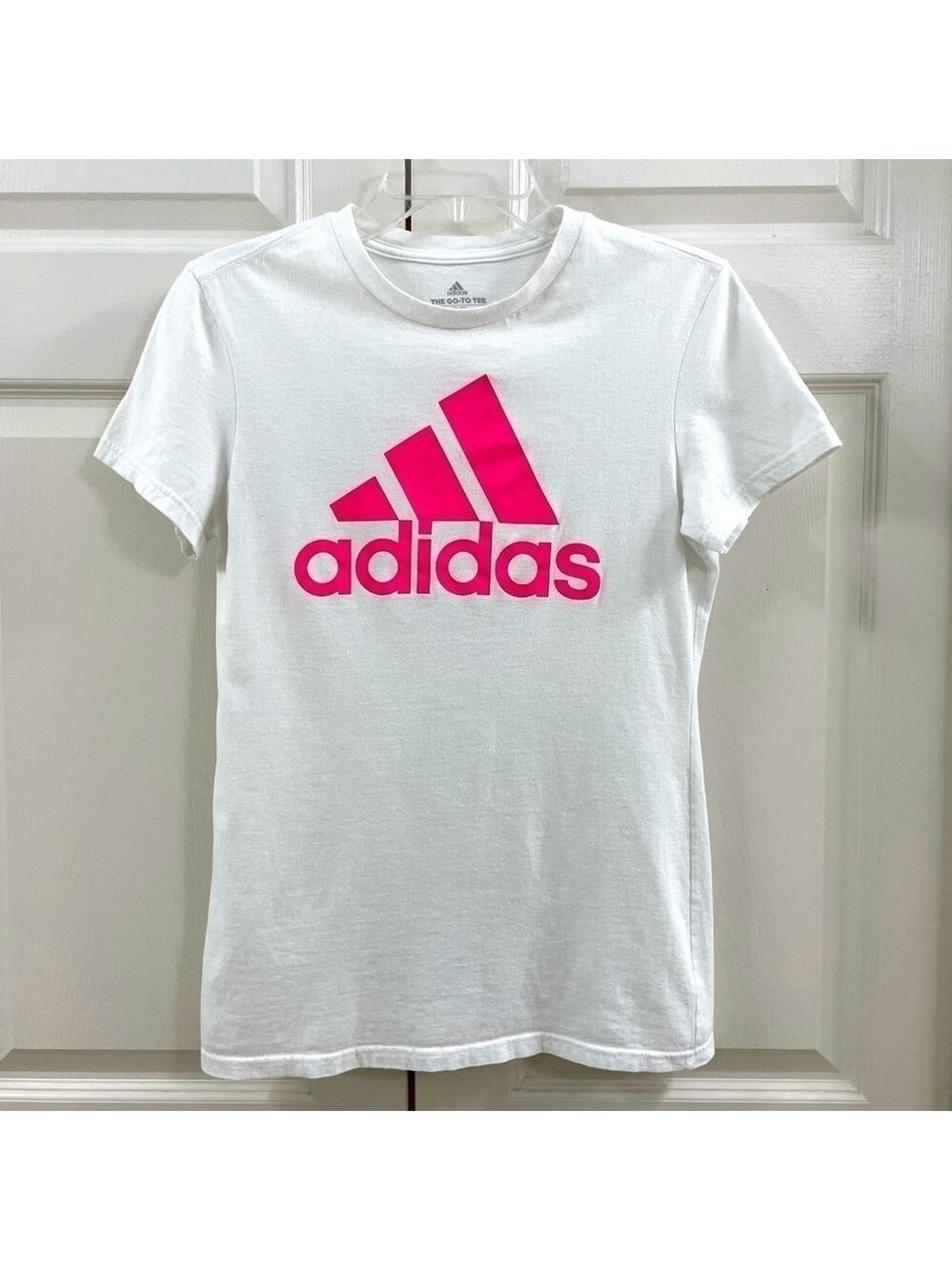Adidas Pink Logo The Go-To Tee Women’s Size Small White